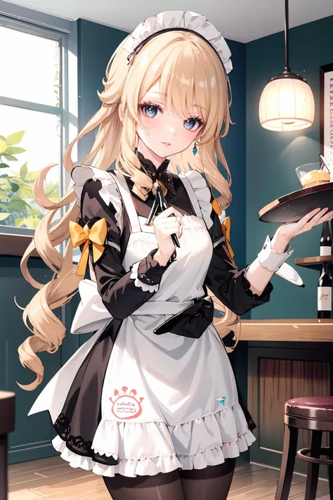 1girl, navia \(genshin impact\), solo, maid, maid headdress, maid apron, embarrassed, pantyhose, open mouth, blush, parted lips, looking at viewer, cowboy shot, bar \(place\), indoors, depth of field, masterpiece