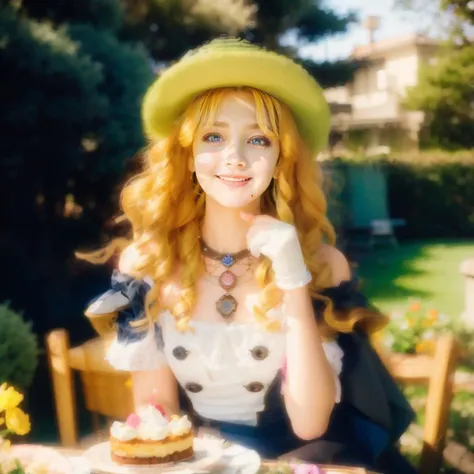 1girl, navia \(genshin impact\) ((yellow curly hair)), hat, thigh boots, detached sleeves, single glove, strapless dress, detached collar, waist cape, necklace, jewelry, looking at viewer, smile, cowboy shot, sitting, garden, outdoors, depth of field, table, chair, macaron, cake