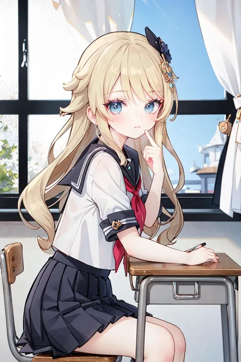 1girl, navia \(genshin impact\), school uniform, serafuku, sitting, school desk, school chair, hand on own chin, from side, looking at viewer, light smile, blush, window, floating hair, sunbeam, depth of field