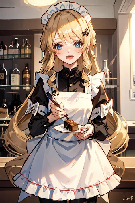 1girl, navia \(genshin impact\), solo, maid, maid headdress, maid apron, embarrassed, pantyhose, open mouth, blush, smile, open mouth, holding plate, looking at viewer, cowboy shot, bar \(place\), indoors, depth of field, masterpiece