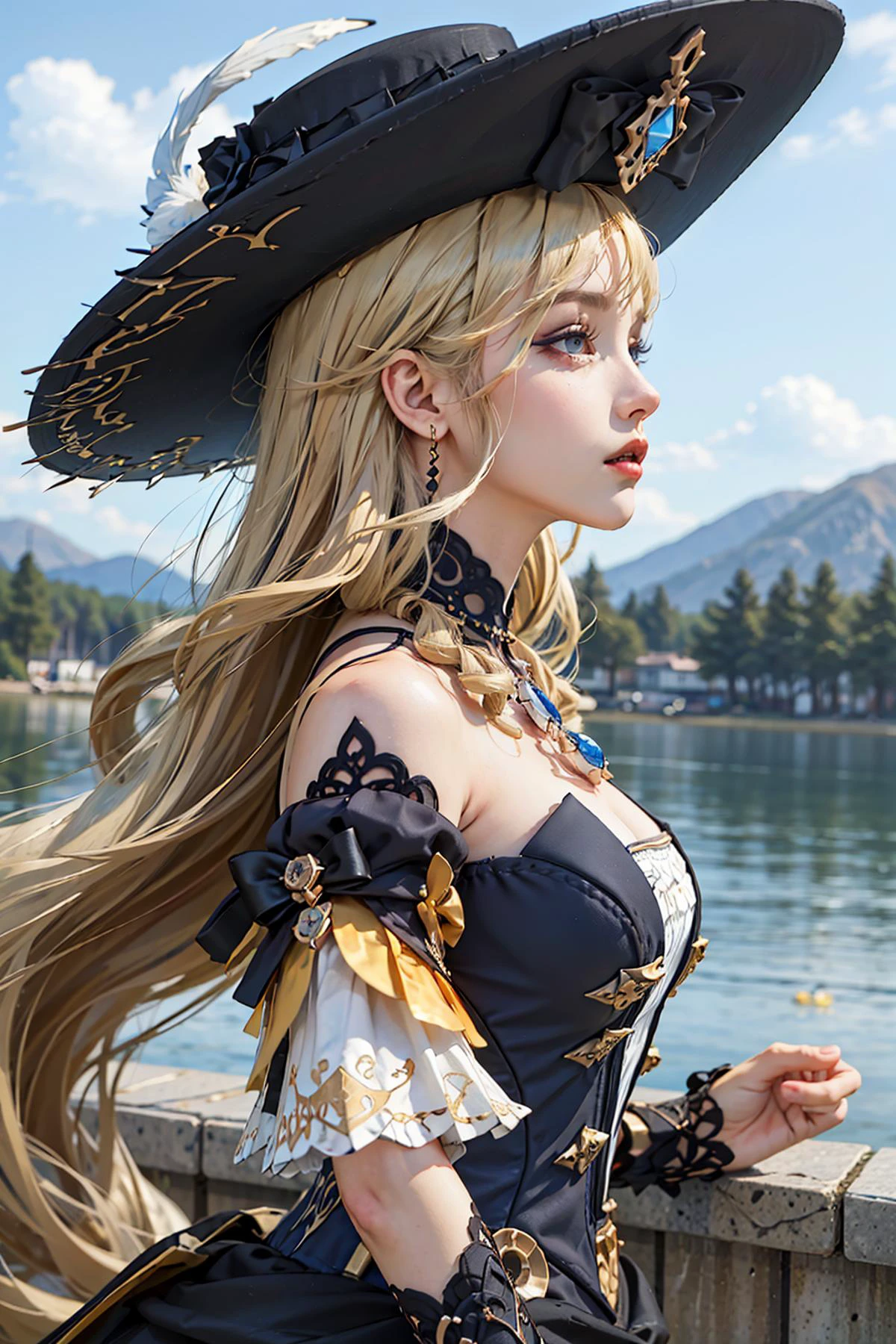 <lora:Char-Genshin-Navia-v2.0:1>, navia \(genshin impact\), navia (genshin impact),big fancy hat, detached sleeves, single glove, strapless dress, detached collar, showgirl skirt, necklace, waist cape,
1girl,solo, long hair,realistic, blonde hair,lips,profile,portrait,closed mouth,nose,from side, best quality, masterpiece, illustration, an extremely delicate and beautiful, extremely detailed ,CG,unity,8k wallpaper, Amazing, finely detail, masterpiece, best quality,official art,extremely detailed CG unity 8k wallpaper,absurdres, incredibly absurdres, huge filesize , ultra-detailed, highres, extremely detailed,beautiful detailed girl, extremely detailed eyes and face, beautiful detailed eyes,light on face, upper body,
outdoors, medieval, france, lake, mountains, outside, day