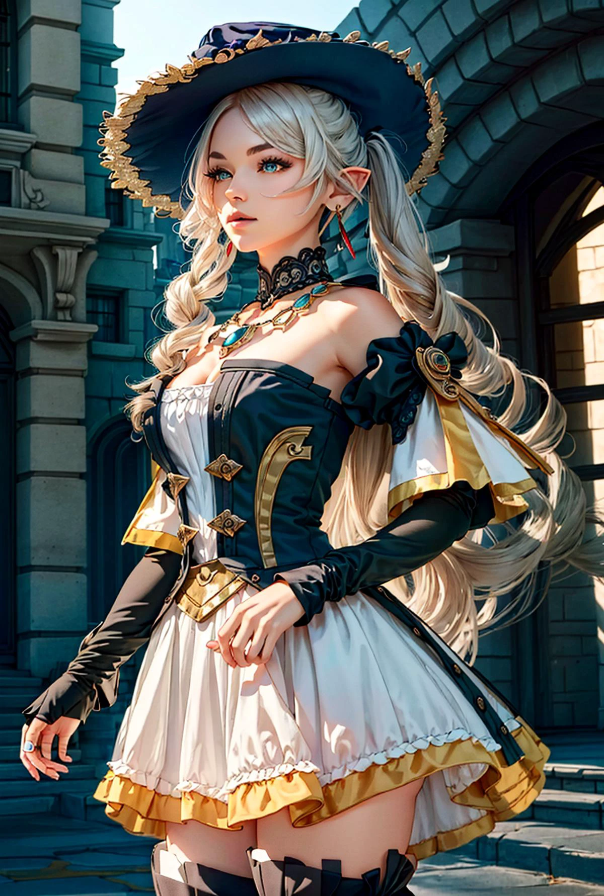 ancy hat,thigh boots,detached sleeves,single glove,strapless dress,detached collar,showgirl skirt,necklace,waist cape <lora:Ðави генÑин(fancy hat,thigh boots,detached sleeves,single glove,strapless dress,detached collar,showgirl skirt,necklace,waist cape(navia СÐШ(genshin impactСÐШ):0.8>, <lora:ФÑиÑен пÑовожаÑÑÐ°Ñ Ð² пÑоледний пÑÑÑ(Frieren, twintails, earrings(Ñм одеждÑ):0.7>,Frieren, twintails, earrings,green eyes, small breasts,white hair,2twintails, earrings,, 1girl in full growth, best quality, masterpiece, ultra-detailed, high quality, perfect nose, highly detailed skin, warm skin tone, defiance512, RAW photo, best quality, high resolution, (masterpiece), dreamlike, dreamy, modelshoot style, analog style, tonemapping, photorealistic, professional photography, sharp focus, HDR, 8K resolution, intricate detail, sophisticated detail, hyper detailed, (depth of field), highlight and shadow, volumetric lighting, cinematic bloom, professional light, looking at viewer, blotchy,