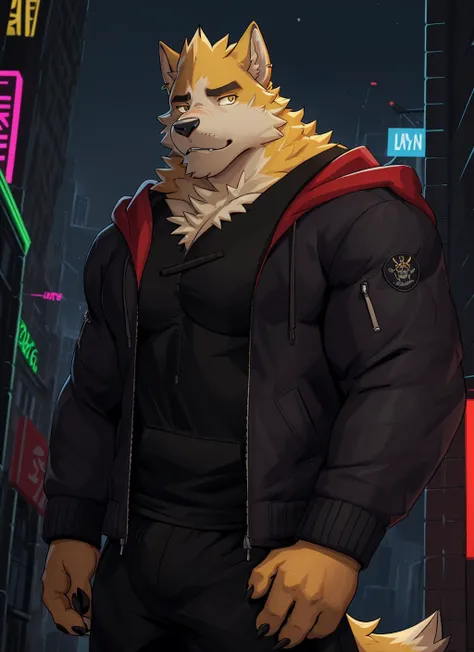 <lora:cooper-08:1>, cooper krager, solo, looking at viewer, shirt, 1boy, jacket, male focus, open clothes, hood, black shirt, hoodie, muscular, pectorals, muscular male, bara, hooded jacket, sharp fingernails, night city, neon, furutistic, yellow fur, black eyes
