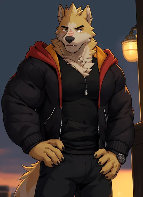 <lora:cooper-08:1>, cooper krager, solo, looking at viewer, shirt, 1boy, jacket, male focus, cowboy shot, open clothes, hood, hand on hip, black shirt, hoodie, muscular, pectorals, muscular male, bara, hooded jacket, sharp fingernails