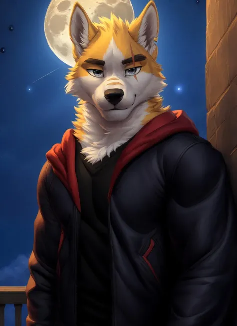 <lora:cooperV2-06:1>, cooper krager, solo, wolf tail, (pose), (posing), (soft shading), 4k, hi res, ((detailed face, detailed eyes, detailed)), (full body), by zackarry911, by zaush, (by personalami:0.5),solo, looking at viewer, short hair, shirt, 1boy, jacket, upper body, male focus, sky, black shirt, night, moon, star (sky), night sky, full moon, starry sky, snout, portait, close up
