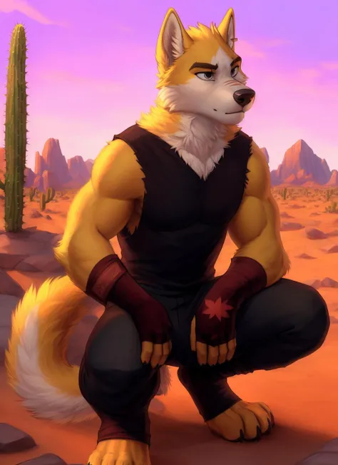 <lora:cooperV2-06:1>, cooper krager, solo, wolf tail, (pose), (posing), (soft shading), 4k, hi res, ((detailed face, detailed eyes, detailed)), (full body), by zackarry911, by zaush, (by personalami:0.5), solo, gloves, 1boy, full body, flower, male focus, sky, fingerless gloves, squatting, desert, cactus, black tank top, pants, squatting,