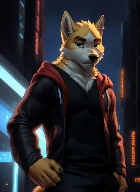 <lora:cooperV2-06:1>, cooper krager, solo, (pose), (posing), (soft shading), 4k, hi res, ((detailed face, detailed eyes, detailed)), (full body), by zackarry911, by zaush, (by personalami:0.5), solo, shirt, 1boy, jacket, upper body, male focus, open clothes, hood, hooded jacket, pectoral cleavage, science fiction, futuristic city, hand on hip, black shirt