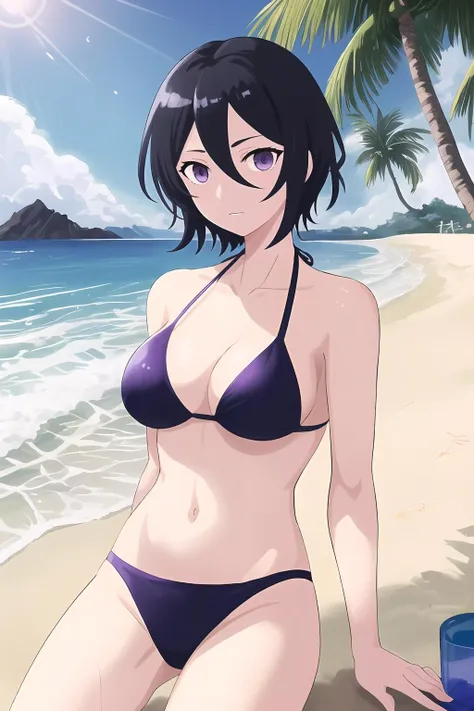 1girl, bangs, beach, bikini, Rukia Kuchiki, short, black hair, purple eyes