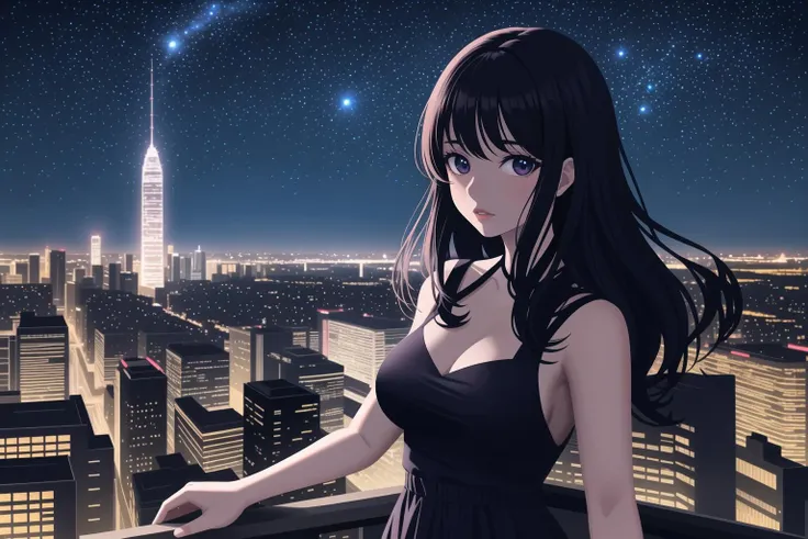 1girl, black_hair, breasts, building, city, city_lights, dress, lips, long_hair, looking_at_viewer, night, night_sky, sky, skyscraper