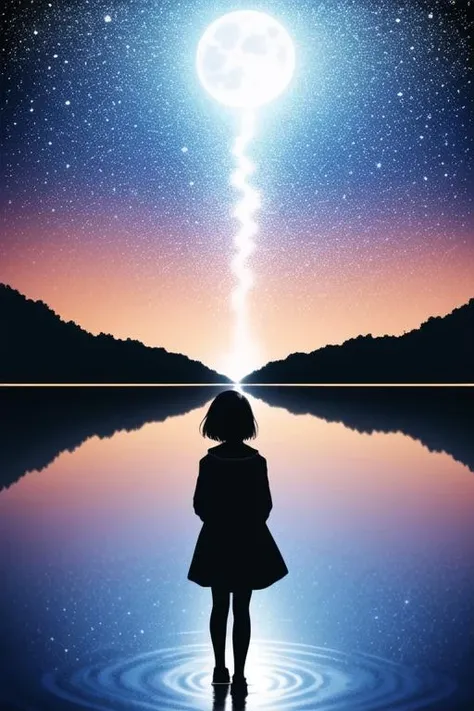 1girl,facing away,fantasy,from behind,full moon,highres,lamppost,long hair,long sleeves,moon,night,night sky,original,outdoors,reflection,reflective water,scenery,short hair,silhouette,sky,solo,space,star sky,starry sky