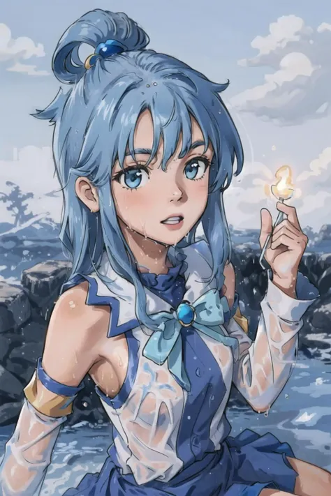 best quality, intricate details,
1girl, <lora:konosubaAqua_v10:0.8> blue skirt, green bow, blue shirt, detached sleeves, bare shoulders, hair rings, light blue hair,
<lora:zovyasWetHair_v1:0.8> wet hair,