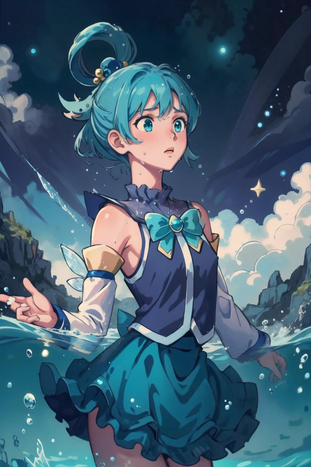 best quality, intricate details,
1girl, <lora:konosubaAqua_v10:0.8> blue skirt, green bow, blue shirt, detached sleeves, bare shoulders, hair rings,
<lora:fairytaleai_v10:0.8> fairytaleai, <lora:planetSimulatorLora_:0.8> earth,milky_way,starry,no_humans, <lora:submergedWater_1:0.8> complete anatomy, submerged water, partially submerged, bubbles, shiny skin, sweat, cloudy sky,
