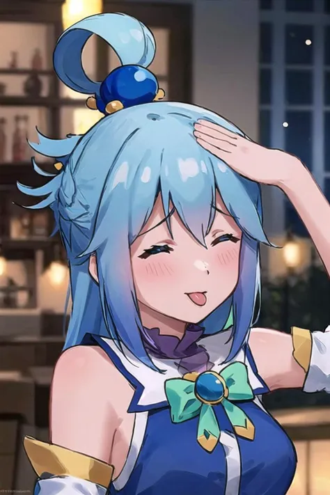 masterpiece, best quality, ultra-detailed, epic lighting, cinematic composition, anime coloring, 2d, anime, <lora:aquaKonosubaLora_1:1> 1girl, solo, blue hair, long hair, blue eyes, medium breasts, hair ornament, hair rings, (blue shirt:1.1), green bow, detached sleeves, bare shoulders, blue skirt, <lyco:ahetobleh-nvwls-v1-final:0.8> ahetobleh, hands on own head, closed eyes, tongue, tavern (8k:1.1)