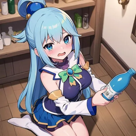 masterpiece, best quality, ultra-detailed, epic lighting, cinematic composition, <lora:aquaKonosubaLora_1:1> 1girl, chibi, (solo:1.1), blue hair, long hair, blue eyes, large breasts, hair ornament, hair rings, (blue shirt:1.1), green bow, detached sleeves, bare shoulders, blue skirt, kneeling, (looking at viewer:1.1), shouting, crying, blush, wavy mouth, pov, holding a bottle, from above, indoors, tavern, (8k:1.1)