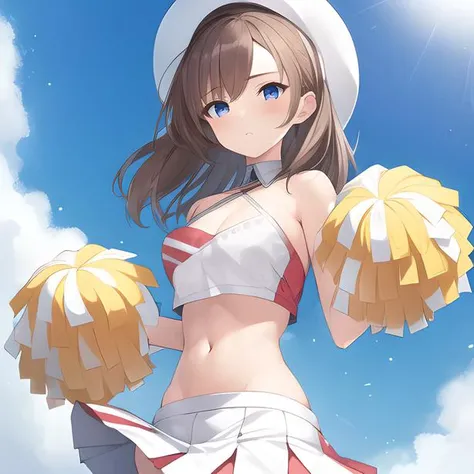 1girl, (masterpiece), (best quality), solo,

brown Hair,
cheerleader, crop top, miniskirt, bare shoulders, white skirt, standing, holding pom poms, pom pom \(cheerleading\)
narrow waist, thighs, wide hips, perfect face, detailed eyes,
 <lora:cheerleaderOutfitBlue_v1:0.9>