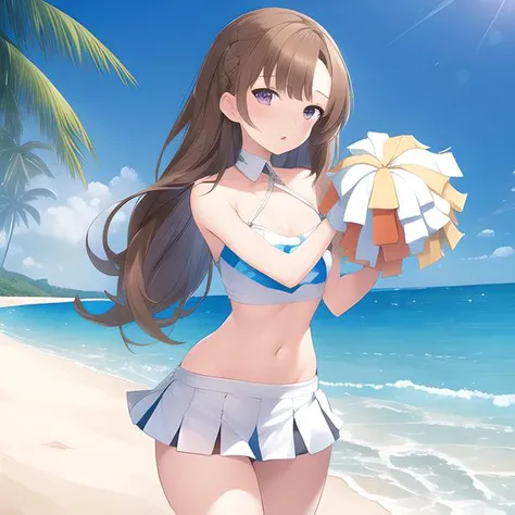 1girl, (masterpiece), (best quality), solo,
beach, sand, water,
brown Hair,
cheerleader, crop top, miniskirt, bare shoulders, white skirt, standing, holding pom poms, pom pom \(cheerleading\)
narrow waist, thighs, wide hips, perfect face, detailed eyes,
 <lora:cheerleaderOutfitBlue_v1:1>