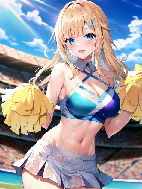 (masterpiece:1.3), (absurdres:1.3), (best quality:1.3), hand of Guido Daniele, (ultra-detailed:1.3),(best shadow:0.7), (handled hair),
1girl, solo, sh1, aizawa ema, large breasts, cleavage, blonde hair, asymmetrical bangs, blunt bangs, blue eyes, hair ornament, smile, open mouth, (wet, wet_hair, wet_clothes, wet_shirt, oily skin, glossy), (cheerleader, crop top, miniskirt, bare shoulders, white skirt, standing, holding pom poms), pom pom \(cheerleading\),
BREAK outdoors, stadium, sunlight, bright sky, blue sky with clouds, winds, god rays, light rays,