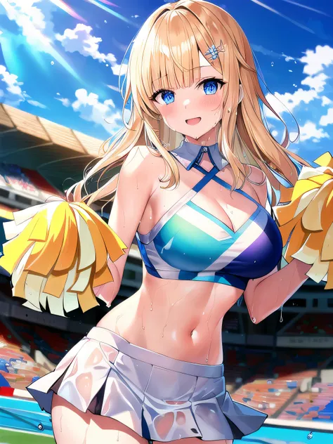 (masterpiece:1.3), (absurdres:1.3), (best quality:1.3), hand of Guido Daniele, (ultra-detailed:1.3),(best shadow:0.7), (handled hair), 
1girl, solo, sh1, aizawa ema, large breasts, cleavage, blonde hair, asymmetrical bangs, blunt bangs, blue eyes, hair ornament, smile, open mouth, (wet, wet_hair, wet_clothes, wet_shirt, oily skin, glossy), (cheerleader, crop top, miniskirt, bare shoulders, white skirt, standing, holding pom poms), pom pom \(cheerleading\), 
BREAK outdoors, stadium, sunlight, bright sky, blue sky with clouds, winds, god rays, light rays,