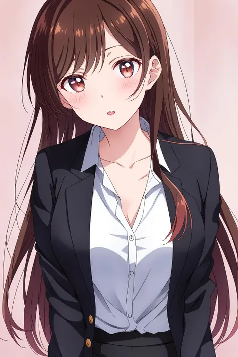 chizuru, 1girl, solo, long_hair, looking_at_viewer, blush, open_mouth, bangs, simple_background, brown_hair, shirt, brown_eyes, collarbone, jacket, white_shirt, upper_body, parted_lips, shiny, shiny_hair, black_jacket, swept_bangs, formal, suit
