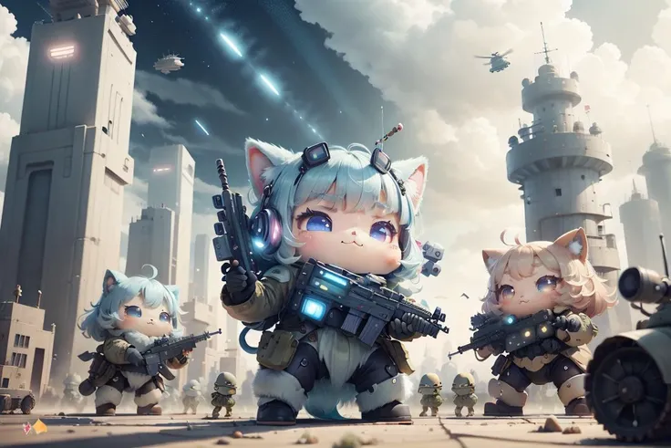 army of cute soldiers , holding weapons,ultra high res ,random, hi res,photoreal,war background,helicopter,boats,  <lora:ChessGame-20:0.4> chsworld, aerial view , <lora:KawaiiTech-20:0.8> kawaiitech, pastel colors, kawaii, cute colors, scifi,