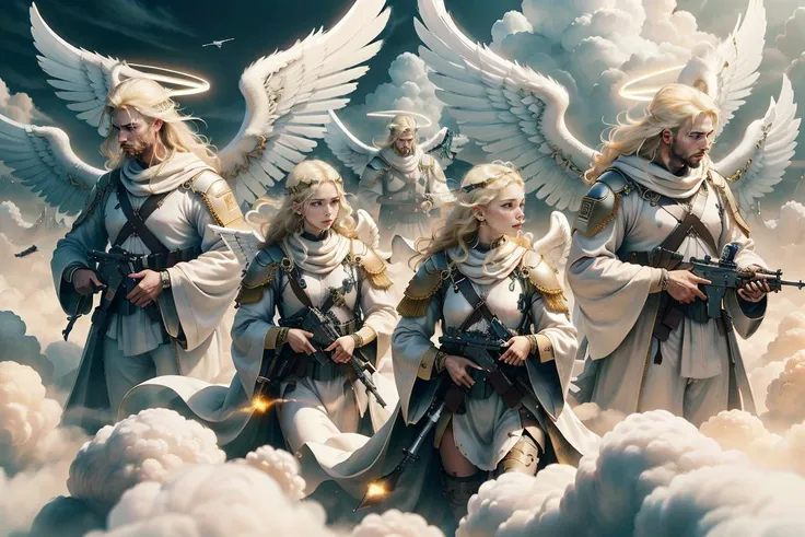 army of angel soldiers wearing white robes , holding weapons,ultra high res ,random, hi res,photoreal,war background,helicopter,boats,  <lora:ChessGame-20:0.4> chsworld, aerial view , blessedtech, blessed, aura,  <lora:BlessedTech-20:0.8> , flying in the sky , wings , blonde hair,