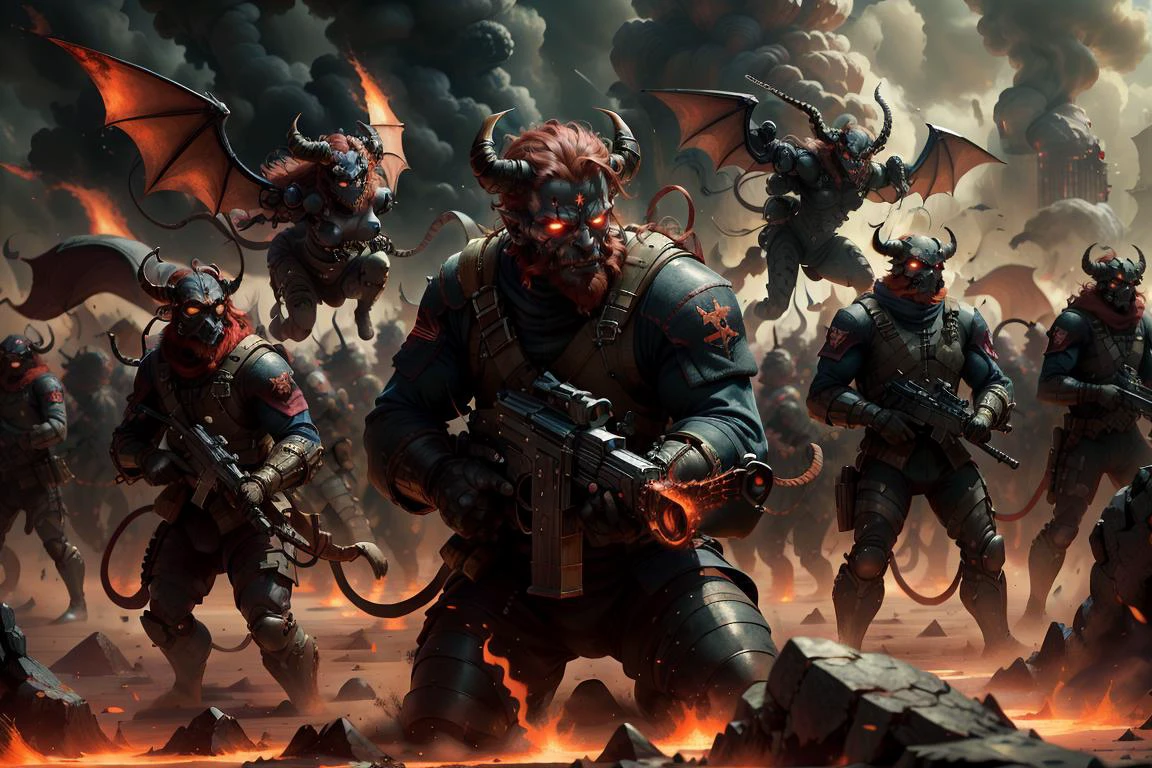 army of demon soldiers , holding weapons,ultra high res ,random, hi res,photoreal,war background,helicopter,boats, <lora:ChessGame-20:0.4> chsworld, aerial view , , wings , red hair, <lora:DemonicTech-20:0.4> demonictech, scifi, <lora:ExoMagmaTech-20:0.4> exomagmatech, lava made, translucent ,