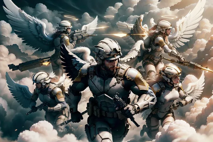 army of angel soldiers wearing with weapons,ultra high res ,random, hi res,photoreal,war background,helicopter,boats,  <lora:ChessGame-20:0.4> chsworld, aerial view , blessedtech, blessed, aura,  <lora:BlessedTech-20:0.8> , flying in the sky , wings