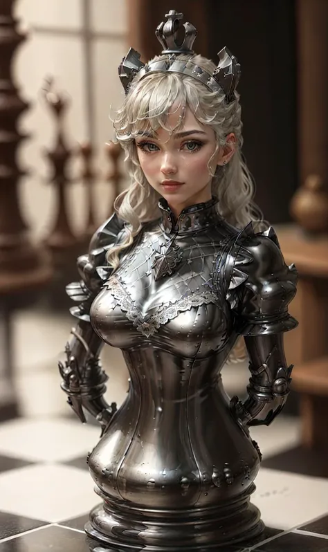 chsworld, (modern kitchen:1.1), coffee maker, sexy, as a piece, traditional maid, masterpiece, 16k, UHD, HDR, lace, dreamy expression, twisted crown, Steel Gray Ash Gray, split skirt, to scale, realistic, highest details, elegant, vintage, photograph, <lora:ChessGame:0.85>, statue, quillings, ruffles