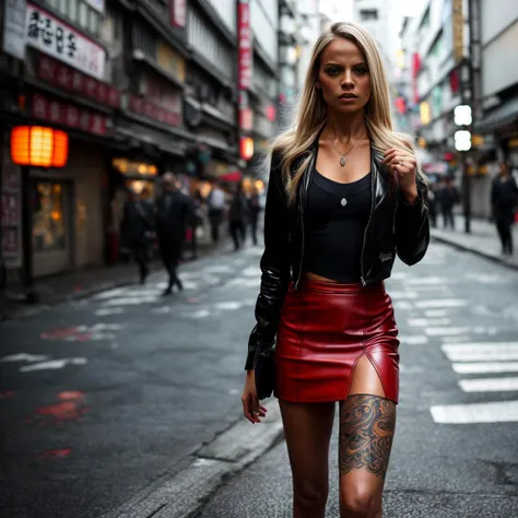 RAW photo, blonde female, posing, red pencil leather skirt, (small white shirt:1.1), lace bra, tattoo,(cigarettes:1.1), prostitute, (japanese kasa on head:1.4),stockings, (open black jacket:1.2),
athletic, character design, rpg, gloomy atmosphere, mist, global illumination, subsurface scattering, shoulder level shot photo, intricate complexity, tenebroso, detailed acrylic, photorealistic, high detail, dramatic, (extremely detailed skin, 8k wallpaper), very coherent, sharp focus, by bastien l. deharme, gaston bussiere, beksinski, Fujifilm XT3,
night old japanese city streets background, dirty pavement, trash,<lora:more_details:0.6> <lora:badbroirezumi3:0.7> <lora:ports:0.5>