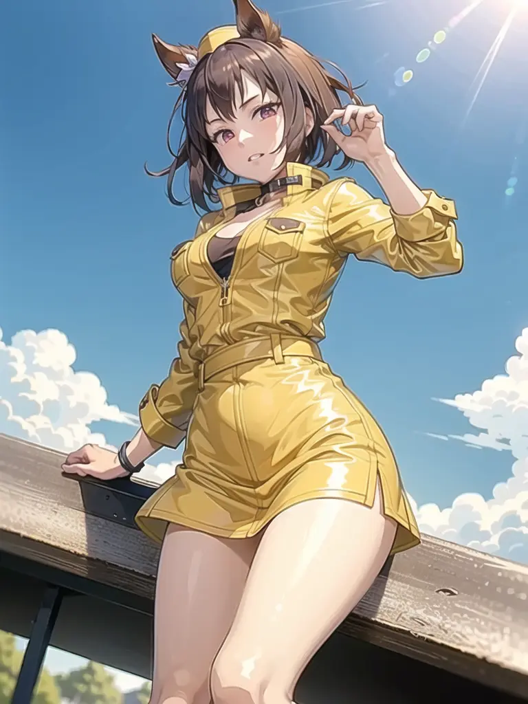 1girl, solo,(best quality),(masterpiece:1.1), full body, dynamic angle, looking_at_viewer, short hair, (yellow clothes), cute, clear facial skin,