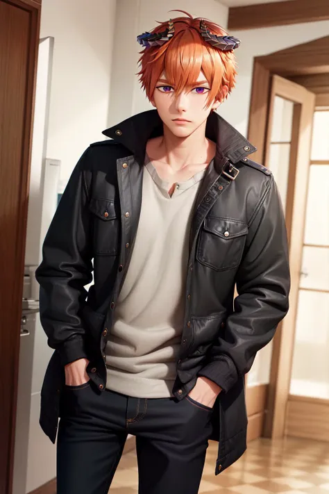 (masterpiece, best quality:1.2), <lyco:obeyme_beelzebub-10:1.0>, cowboy shot, solo, male focus, 1boy, ombeelzebub, expressionless, looking at viewer, hands in pockets, horns, black jacket, open jacket, shirt, pants, belt
