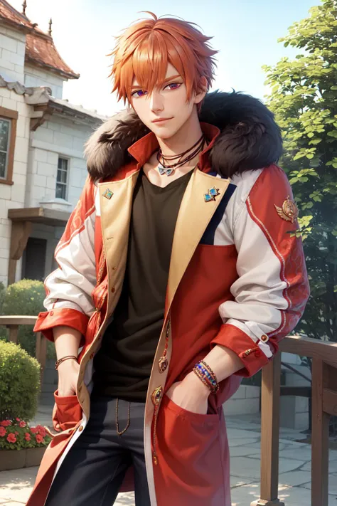 (masterpiece, best quality:1.2), <lyco:obeyme_beelzebub-10:1.0>, cowboy shot, solo, male focus, 1boy, ombeelzebub, slight smile, closed mouth, looking at viewer, hands in pockets, fur-trimmed coat, pants, jewelry, necklace