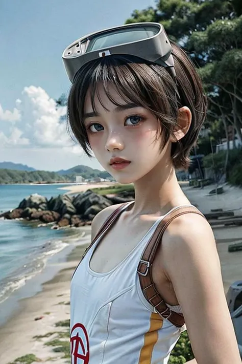 (masterpiece, best quality:1.3), (ultra-detailed), {illustration,picturesque}, {studio light, picturesque}, best shadow, (perfect anatomy), (symmetric eyes, ultra-detailed eyes, beautiful eyes), (sharp eyeliner, ultra-detailed face, beautiful face),brown eyes, (flated chest), 1girl, solo, MaruyuKC, (white) one-piece swimsuit, (mry) swimsuit, (goggles, goggles on head), looking at viewer, oblique view, (head and shoulder),(outdoor, beach, sky),soft light,
<lora:Maruyu:0.8> <lora:age_changer_last:2> <lora:sd-No.129:0.3>breast