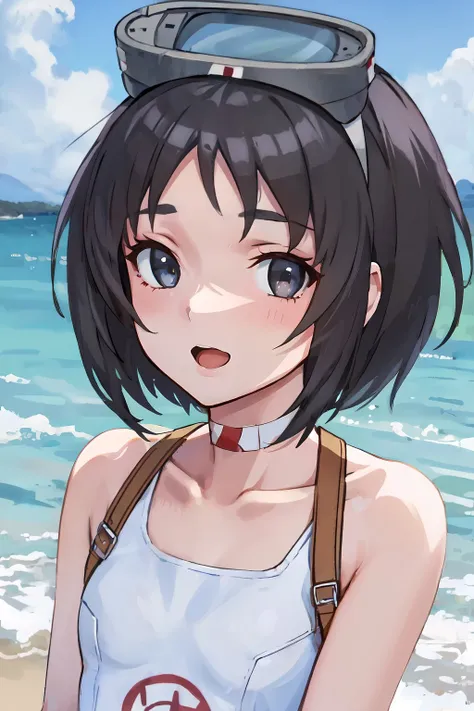 (tmasterpiece:1.3),Black color hair,little breast,ssmile,slightly fat big breasts,Be red in the face,best qualtiy,The is very detailed,Get close to the lens,Delicate and beautiful face,sea beach,rays of sunshine,baiyun,Flying birds