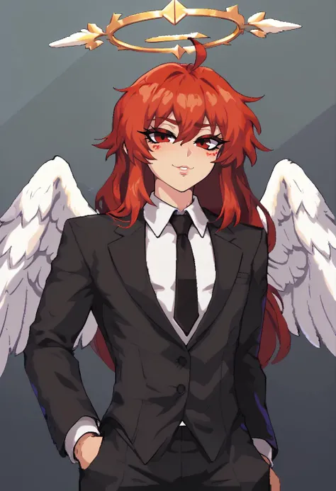 feminine, (mature:0.5), wide hips, narrow waist, sexy,
angel wings, solo, necktie, wings, black necktie, 1boy, male focus, halo, formal, suit, white wings, feathered wings, shirt, red hair, hair between eyes, angel, white shirt, jacket, black jacket, upper body, collared shirt, bangs, long hair, black suit, closed mouth, red eyes, ahoge,
<lora:Namako_Daibakuhatsu:1.15>