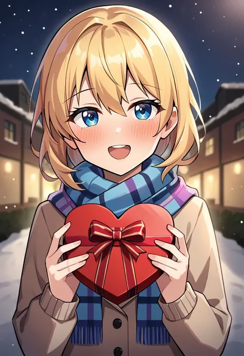 1girl, blonde_hair, blue_eyes, blue_scarf, blurry, blurry_background, blush, box, gift, gift_box, hair_between_eyes, heart, holding, incoming_gift, long_sleeves, looking_at_viewer, night, open_mouth, pink_scarf, plaid_scarf, purple_scarf, scarf, solo, upper_body, valentine