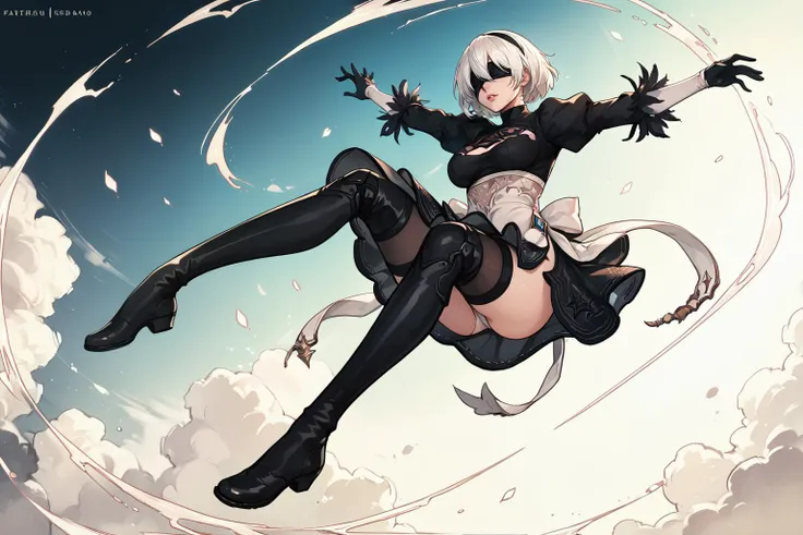 anime artwork, score_9, score_8_up, score_7_up, score_6_up, source_anime, 2B \(Nier Automata\) leaping in the air, dynamic pose, long legs, large breasts, short white hair, blindfold, black outfit, anime style, solo, sky, <lora:Line Art Style LoRA XL:0.7>