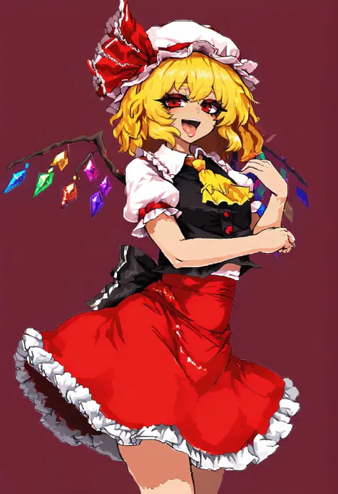 feminine, (mature:0.5), narrow waist, sexy,
1girl, flandre scarlet, blonde hair, solo, hat, wings, mob cap, laevatein (touhou), skirt, open mouth, ascot, red eyes, short sleeves, puffy sleeves, smile, ribbon, vest, looking at viewer, side ponytail, fang, puffy short sleeves, hat ribbon, red skirt, shirt, skirt set, crystal, frills, red ribbon, frilled skirt, short hair,
<lora:Namako_Daibakuhatsu:1.15>