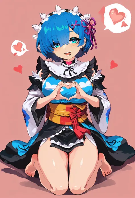 feminine, (mature:0.5), narrow waist, sexy,
1girl, rem (re:zero), solo, heart hands, heart, blue eyes, blue hair, japanese clothes, short hair, kimono, hair ornament, x hair ornament, open mouth, short kimono, smile, looking at viewer, sash, choker, obi, red choker, breasts, blush, long sleeves, white kimono, :d, bangs, heart background, medium breasts, feet out of frame, wide sleeves, alternate costume, hair over one eye, upper teeth only, ribbon, teeth, red ribbon,
<lora:Namako_Daibakuhatsu:1.05>