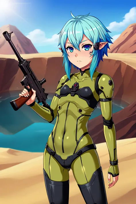 nude girl whit:"(((soldier girl asking to fuck)), anime girl holds a gun and dark cave, 1girl view, gun, solo, blue eyes, black hair, smile, symmetrical face, perfect body, full body, holding gun, ocean, outdoors, looking at viewer, sky, short hair, random angle, cowboy shot, short body mecha armor, nude, sexually indecent armor, armor skin, random angle, ((ligth green-black armor)), nsfw, +18. )"