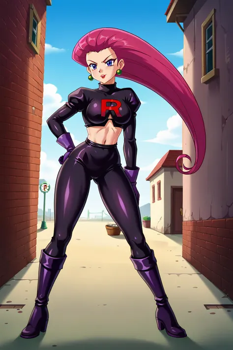 <lora:Jessie_Pokemon:1> 1girl, jessie, pink hair, long hair, (((Black leather jumpsuit, White "R" insignia on the chest, Purple gloves, Knee-high black boots, Rocket-shaped hairpin, Decor: A dark alley with a hidden Team Rocket base entrance)))