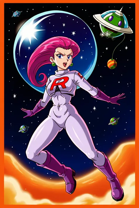 <lora:Jessie_Pokemon:1> 1girl, jessie, pink hair, special haircut, long hair, Space-themed jumpsuit with cosmic patterns, Astronaut helmet with a Team Rocket, Jet boots, Cosmic-themed gloves, Decor: An alien planet with strange flora, floating rocks, and a starry sky