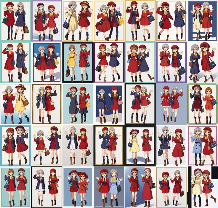 2girls, 1girl kinomoto sakura with orange brown hair, 1girl daidouji tomoyo with purple black long hair, bag, hat, jacket, smile, long sleeves, open mouth, waving, :d, short hair, blush, brown footwear, looking at viewer, white background, bangs, bow, dress, shoulder bag, red headwear, simple background, grey hair, boots, red dress, yellow bow, border, handbag, bowtie, hand up, hair between eyes, full body, round eyewear, closed mouth, necktie, shirt,<lora:Card Captor Sakura Anime_XL:0.8>