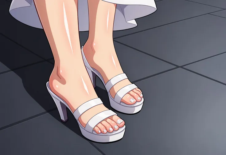 1girl, high heels, foot focus, strappy heels, close-up, feet, toes, sandals, toenails, shiny, white footwear, solo, shiny skin, shadow