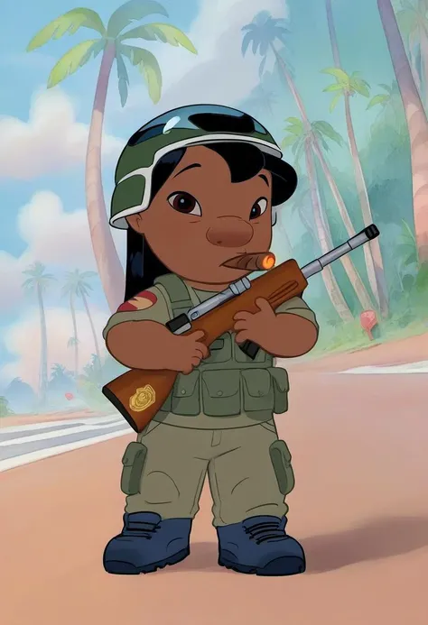 rating_safe, <lora:Lilo_Pelekai_for_PonyXL:1>, lilo_pelekai, 1girl, solo, Advanced Combat Helmet, combat fatigues, combat boots, holding rifle, cigar in mouth, full body, child, female child, standing on the street, palm trees, looking at viewer, score_9, score_8_up, score_7_up, score_6_up, score_5_up, score_4_up
