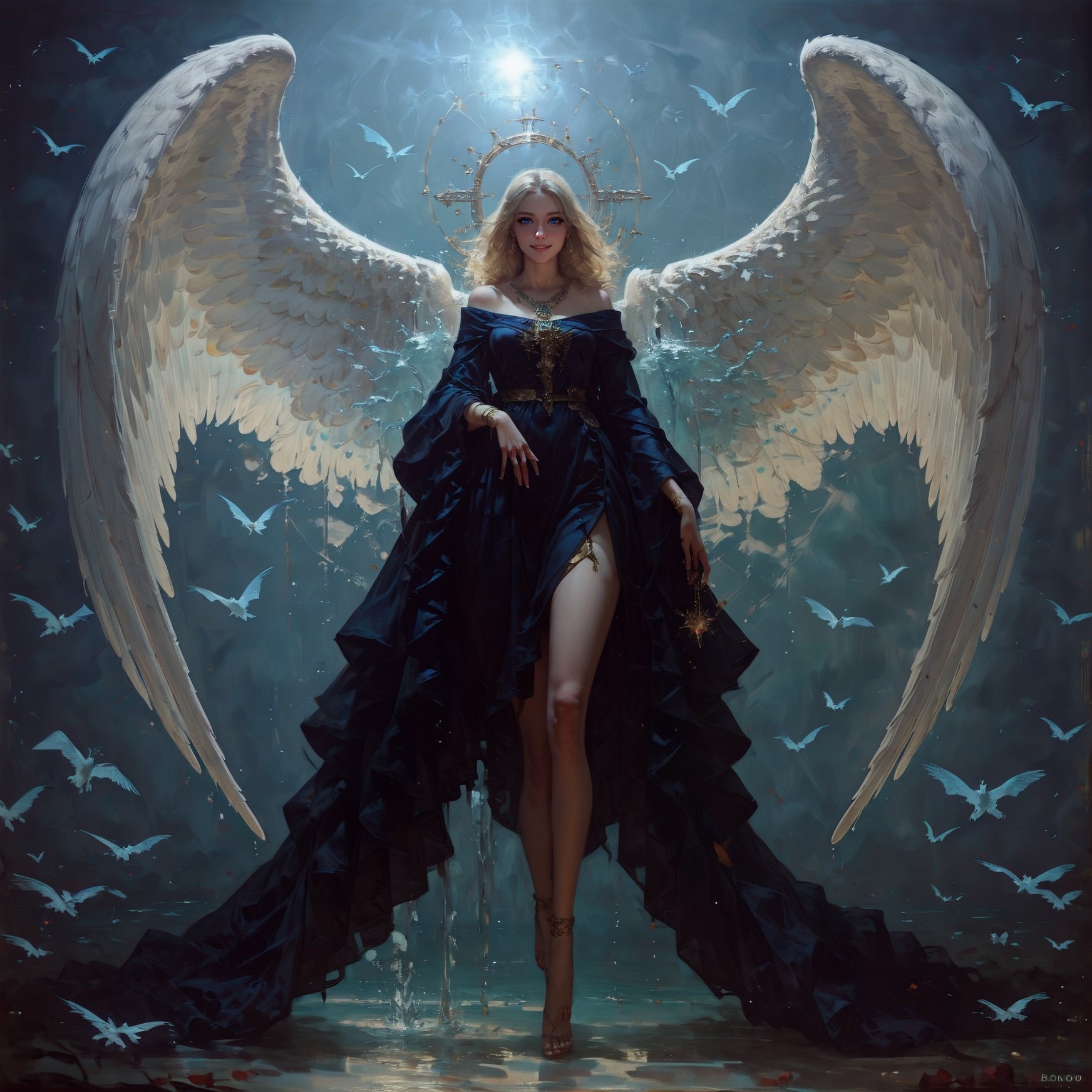 A woman in a black dress with wings and a halo - SeaArt AI