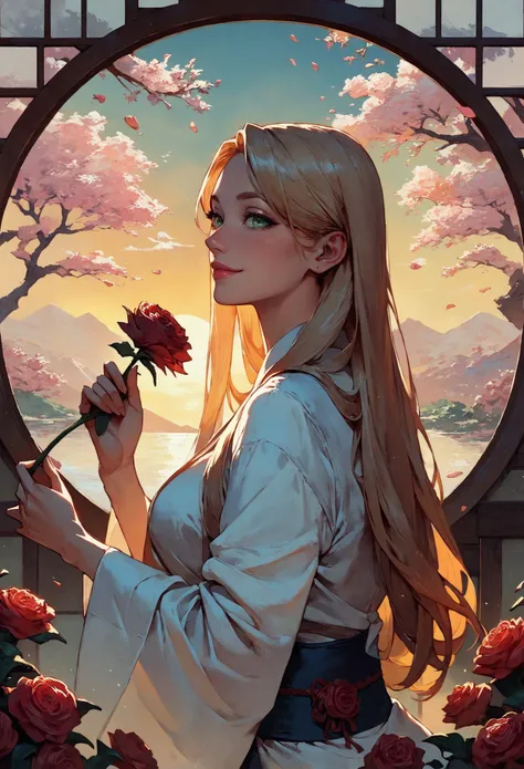 score_9, score_8_up, score_7_up, 1girl holding a rose in her hand, white kimono, outside in a japanese garden, sakura petals, solo, long hair, blonde hair, heart, curvy, romantic, sunset, (from front), upper body, impressionism, art nouveau style, high contrast <lora:sdxl\Concept Art Twilight Style SDXL_LoRA_Pony Diffusion V6 XL:0.8>
