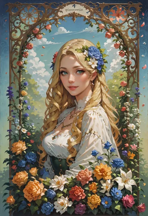 score_9, score_8_up, score_7_up, 1 girl, beautiful flowers, flower corsage in hair, (flowers in background, abstract flower background), impressionism, blonde hair, long hair, art nouveau style, kimono, off shoulder, cleavage, looking at viewer from behind, upper body <lora:sdxl\Anime Summer Days 2 Style SDXL_LoRA_Pony Diffusion V6 XL>