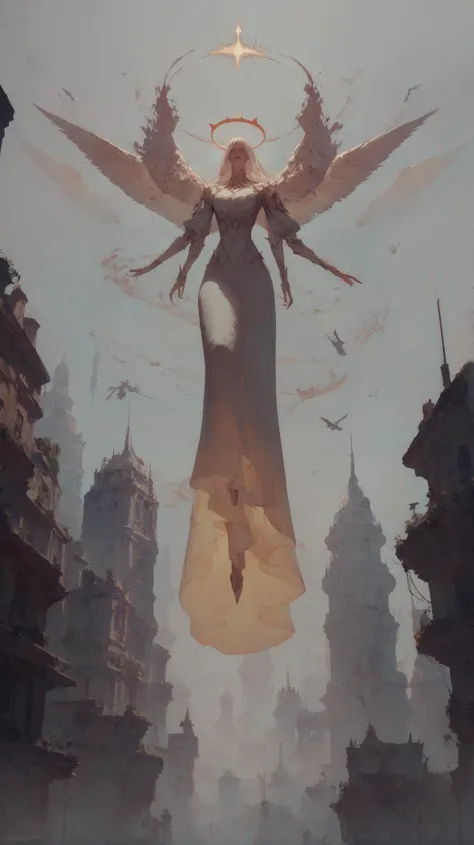score_9, score_8_up, score_7_up, score_6_up, distant goddess flying above a city, enormous, long dress, golden halo, gritty, <lora:Concept Art Twilight Style SDXL_LoRA_Pony Diffusion V6 XL:0.8>, Transcendent, ethereal, otherwordly, dreamlike, dreamy, atmospheric, Phantasmagorical, Spectral,