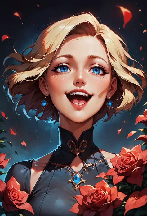score_9, score_8_up, score_7_up,  1girl, at night, black dress, front view, short hair, blonde hair, red theme, beautiful flower, black background, laughing, blue eyes  <lora:sdxl/pony_twilight_style:0.8> <lora:sdxl/princess_xl_v2:0.8>